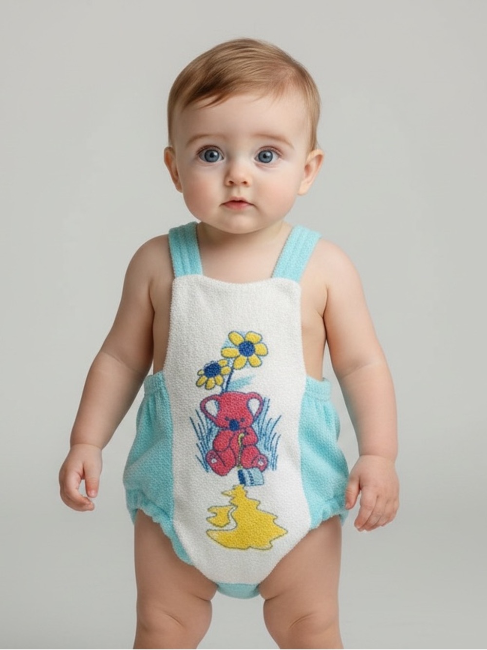 VTG 70s 80s Terry Cloth Bear Sunsuit Romper | Blue/White | 0-3 months
